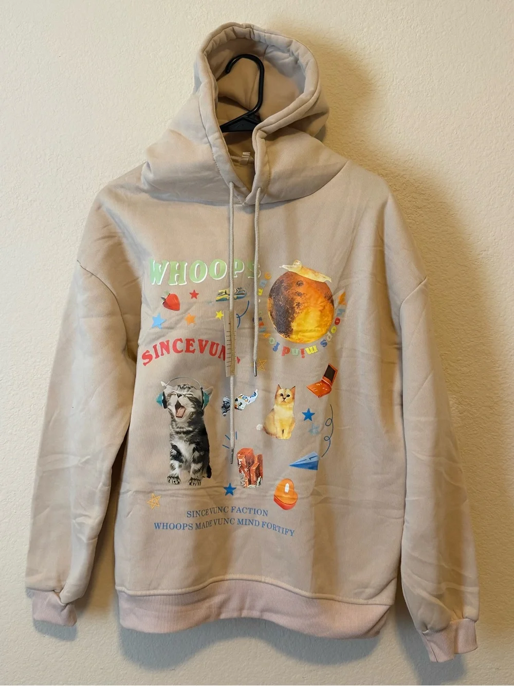 Cat-Themed Beige Hoodie with Colorful Graphic -NWT
